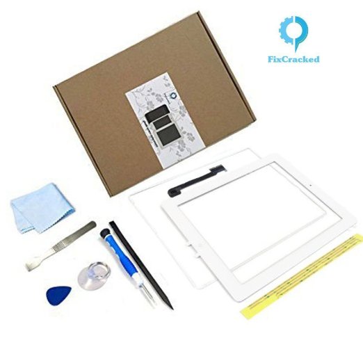 iPad 4 Screen ReplacementFixCracked iPad 4 Digitizer Touch Screen Front Glass Assembly White-Includes Home Button  Camera Holder  PreInstalled Adhesive with tools kit