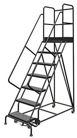 Tri-Arc KDSR107246-D2 7-Step 20" Deep Top Steel Rolling Industrial & Warehouse Ladder with Handrails, 24" Wide Perforated Tread