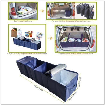 Autoark AK-009 Navy Blue Foldable Multi Compartment Fabric Car Truck Van SUV Storage Basket Trunk Organizer and Cooler Set