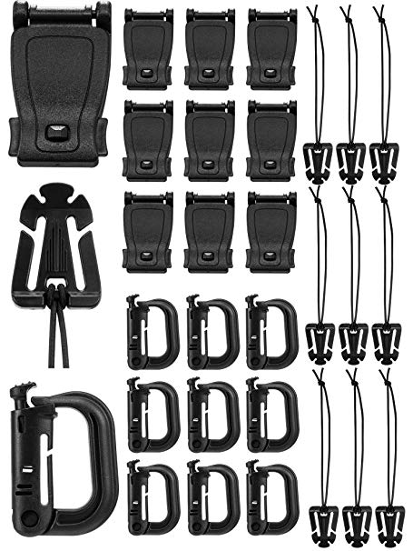 Tatuo 30 Pieces Tactical Gear Clip Strap for Molle Backpack Webbing Attachments D Ring Hook Tactical Vest Belt