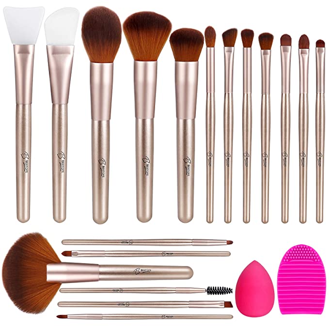 BESTOPE Makeup Brushes Premium Synthetic Professional Makeup Brush set with 2PCs Silicone Face Mask Brush 1 Makeup Sponge and 1 Brush Cleaner Foundation Brushes Blending Shadows Brushes (Champagne gold)