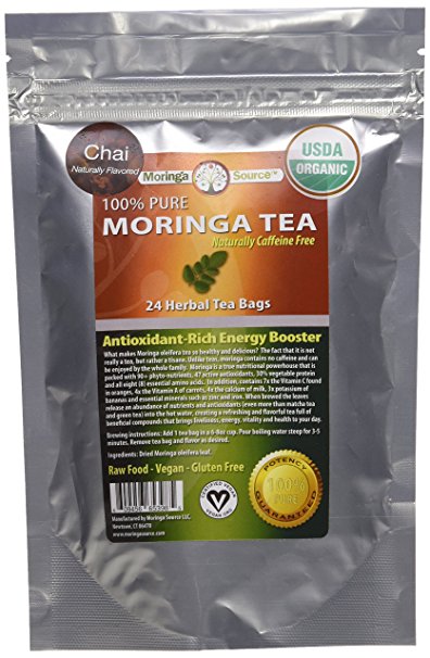 USDA Organic Moringa Superfood Tea-Chai-30 Teabags, 100% Pure, Raw, Potent, Energy Boosting, Non-GMO. Rich in Nutrients, Amino Acids, Anti-inflammatories, Antioxidants and Vegetable Proteins.