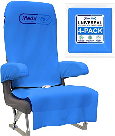 Medd Max Protective Airplane Seat Covers Disposable/Reusable– Eco-Friendly Disposable Seat Covers for Airplane, Train, Bus, Ride-Share Car, Fit Most Public Seating, Blue, Pack of 4