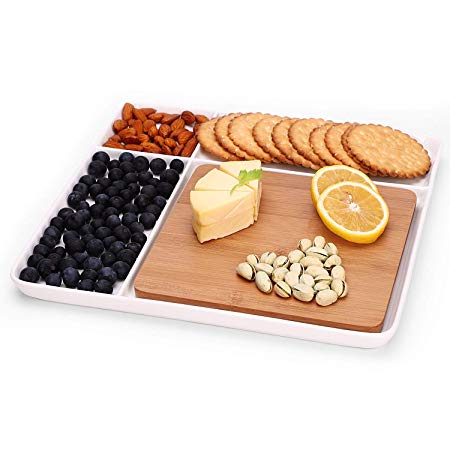 Ceramic Divided Plate with Bamboo Cutting Board - Cheese Board Salad Plate Dinner Plate Cake Plate - Gift Idea - Great Use as Any Occasion (White)