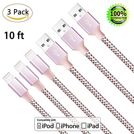 iPhone Charger,aonear 3Pack 10FT Extra Long Nylon Braided Cord Lightning Cable to USB Charging Charger for iPhone 7/7 Plus/ 6/6S/ 6/6S Plus/ 5/5S/SE/5C,iPad,iPod Nano 7 (ROSE GOLD,3Pack 10FT)