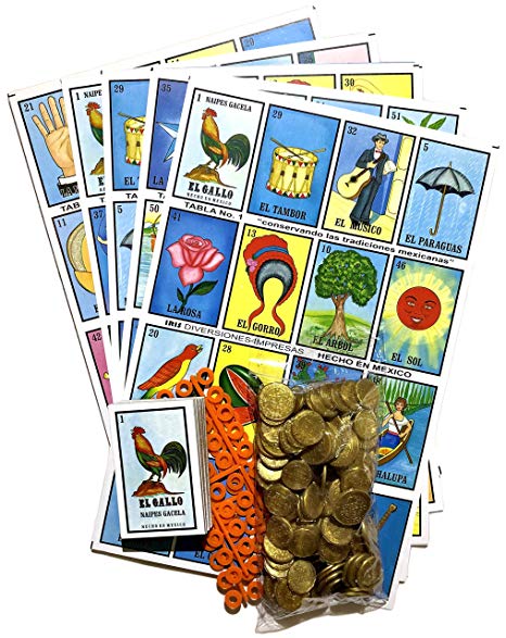Loteria Mexicana Family Mexican Bingo Game 20 Jumbo Boards with Playing Cards, 80 Chips and 100 Plastic Coins Bag Bundle