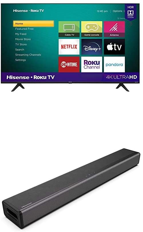 Hisense 43-Inch Class R6090G Roku 4K UHD Smart TV with Alexa Compatibility with 2.1 Channel Sound Bar Home Theater System with Bluetooth