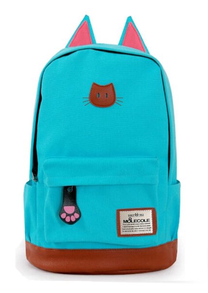 Moolecole Leather & Canvas Backpack School Bag Laptop Backpack with Cat's Ears Design,Set with 1pc Wallet (Sky Blue)