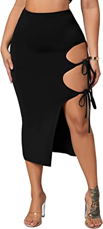 Milumia Women's Sexy Split Thigh Cutout Tie Side High Waist Bodycon Midi Skirt