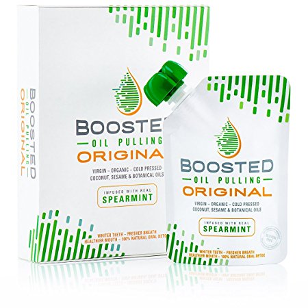 Boosted Oil Pulling Original by The Big Fruit | Virgin Coconut Oil, Sesame & Botanical Oils Infused with Spearmint | 100% Natural Teeth Whitening Alternative to Peroxide Strips | Stops Bad Breath (Halitosis) | Leaves your Mouth Fresh, Moisturised, & Healthy with No Chemical Aftertaste | Soil Association COSMOS Organic Certified, Leaping Bunny Cruelty Free International, & Vegan Association