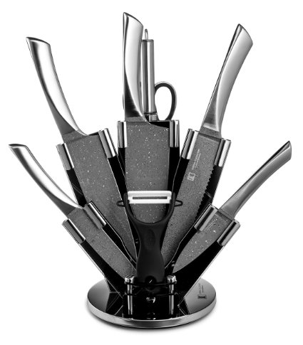 Imperial Collection Stainless Steel Kitchen Knife 9 Piece Set in Granite Coating and Acrylic Stand Silver