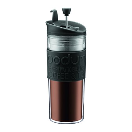 Bodum Insulated Plastic Travel French Press Coffee and Tea Mug, 0.45-Liter, 15-Ounce, Black