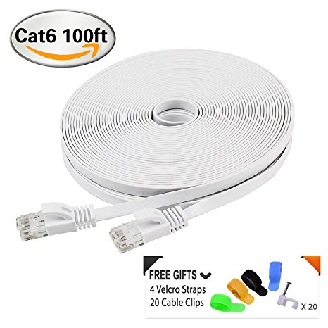 Cat6 Flat Ethernet Cable - 100 Feet - White - High Speed Internet Network Lan Cable with Snagless RJ45 Connectors for Fast Computer Networking   20 Cable Clips and 4 Loop Velcro Straps