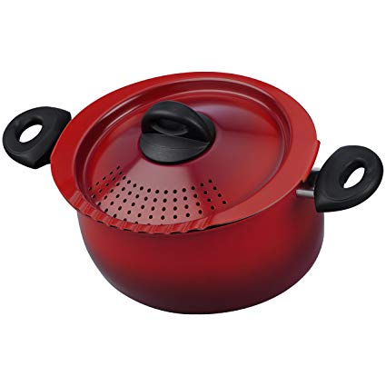 Bialetti 07550 Oval 5 Quart Pasta Pot with Strainer Lid, Red Pepper