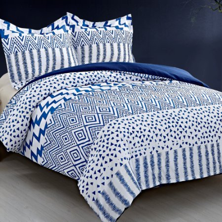 NTBAY 3 Pieces Reversible Printed Microfiber Duvet Cover Set with Hidden Zipper(Full/Queen,White and Blue)