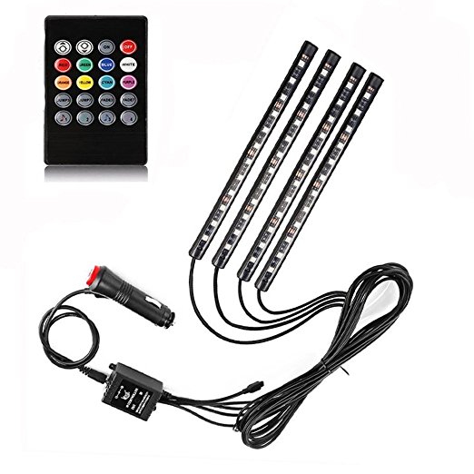 Car LED Strip Lights, Vexverm 4pcs 48 LED Car Interior light, Multicolor Music Atmosphere Lights,Sound Active Function LED Lighting Kit with Wireless Remote Control