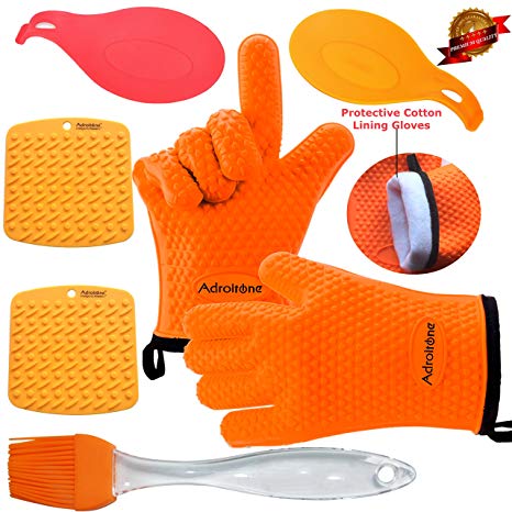 Silicone Oven Mitts/BBQ Gloves Premium Quality Incredibly LOW PRICE With Protective Fabric/Cotton Lining Total 7 Pieces 5 FREE BONUS - 2 SPOON Rest 2 Silicone PotHolders/Trivets 1 Pasty/Basting Brush
