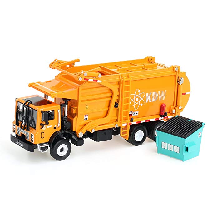 Duturpo 1/43 scale Diecast Collectible Waste Management Truck with Trash Bin, Metal Recycling Garbage Truck Toys for Kids (Orange)