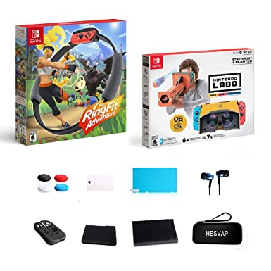 Nintendo Switch - Ring Fit Adventure, Nintendo Labo Toy-Con 04: VR Kit - Starter Set   Blaster w/69 Value HESVAP 13in1 Supper Kit Case