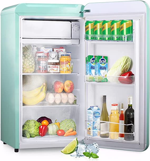 R.W.FLAME Mini Fridge With Freezer, 3.2 cu ft Retro Fridge, Skin Care Small Fridge, Adjustable Thermostat Controlled Micro Fridge, Retro Recessed Handles Fridge, for Bedroom, Dorms, Offices (Green)