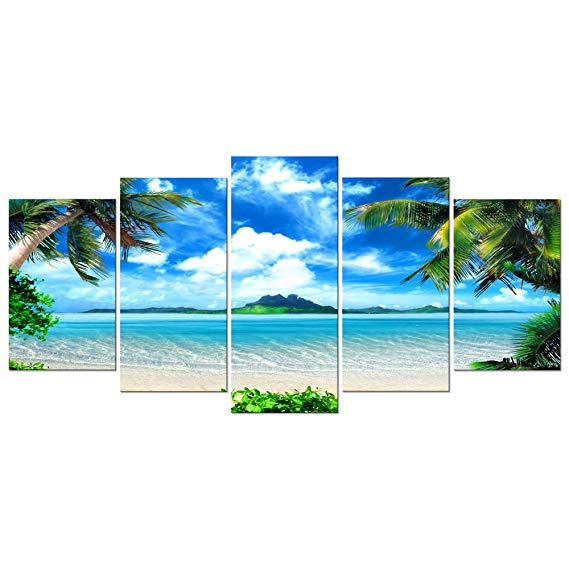Pyradecor Modern 5 Panels Blue Sea Beach Pictures Paintings on Canvas Wall Art Stretched and Framed Contemporary Landscape Ocean Giclee Canvas Prints Artwork for Bedroom Home Decorations