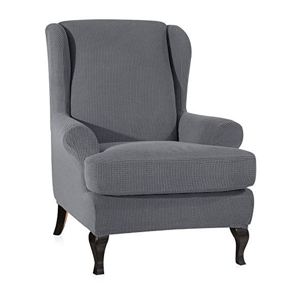 CHUN YI 2-Piece Stretch Jacquard Spandex Fabric Wing Back Wingback Armchair Chair Slipcovers (Light Gray, Wing Chair)