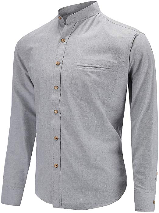 Men's Slim Fit Casual Oxford Dress Shirt Banded Collar Long Sleeve Button Down Shirts with Pocket