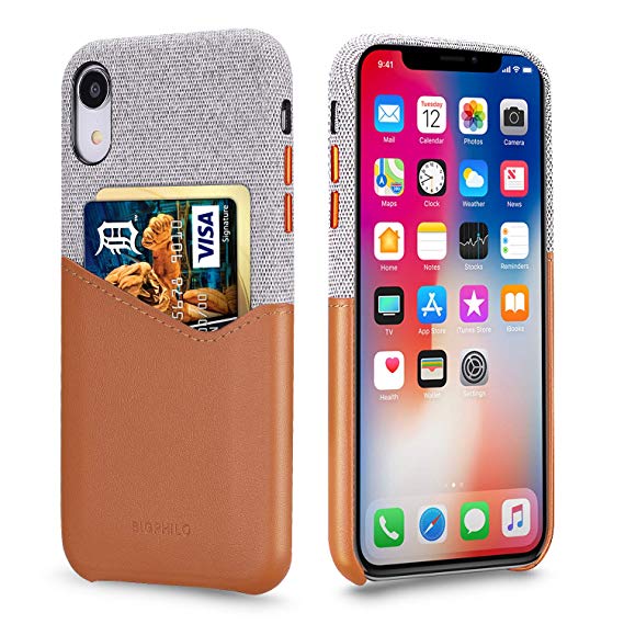 Bigphilo Wallet Case for 6.1'' iPhone XR 2018, Soft-Touch Fabric Protective Cover with Synthetic Leather Card Holder/Slot Compatible iPhone Xr - Brown/Gray