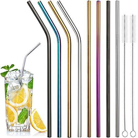 Stainless Steel Drinking Straws, Reusable Metal Straws 10.5 inch Long Colorful for 20 30 OZ Yeti Tumbler, RTIC, Tervis, Ozark Trail, Starbucks, Mason Jar with 2 Cleaning Brushes (Set of 8)