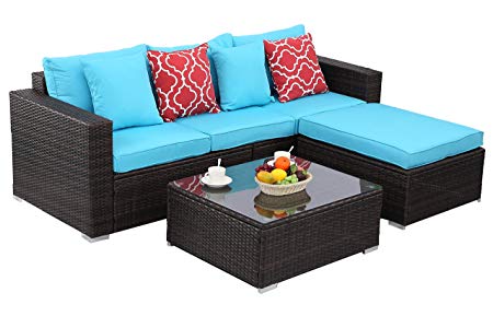 Do4U Patio Sofa 4-Piece Set Outdoor Furniture Sectional All-Weather Wicker Rattan Sofa Beige Seat & Back Cushions, Garden Lawn Pool Backyard Outdoor Sofa Wicker Conversation Set (4552-Mix-Trq)