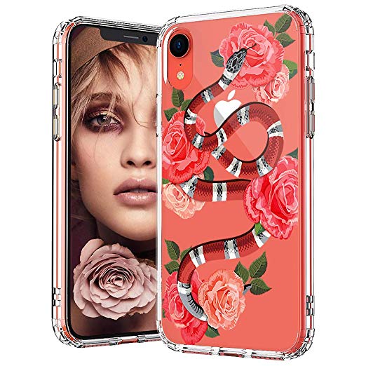 MOSNOVO iPhone XR Case, Clear iPhone XR Case, Fashion Snake with Roses Pattern Clear Design Transparent Plastic Hard Back Case with Soft TPU Bumper Protective Case Cover for Apple iPhone XR