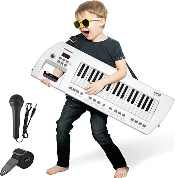 Pyle Portable Piano Keytar Electric Keyboard 37 Keys w/Microphone & Carry Strap, Sustain Controller, Rechargeable Battery - Digital Karaoke Keyboard - Compact Musical Piano White - PKBRD37WT