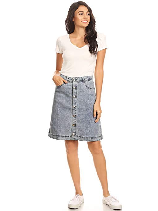 Anna-Kaci Womens Vintage Stretch Denim Jean Button Flare Skirt with Side Pocket