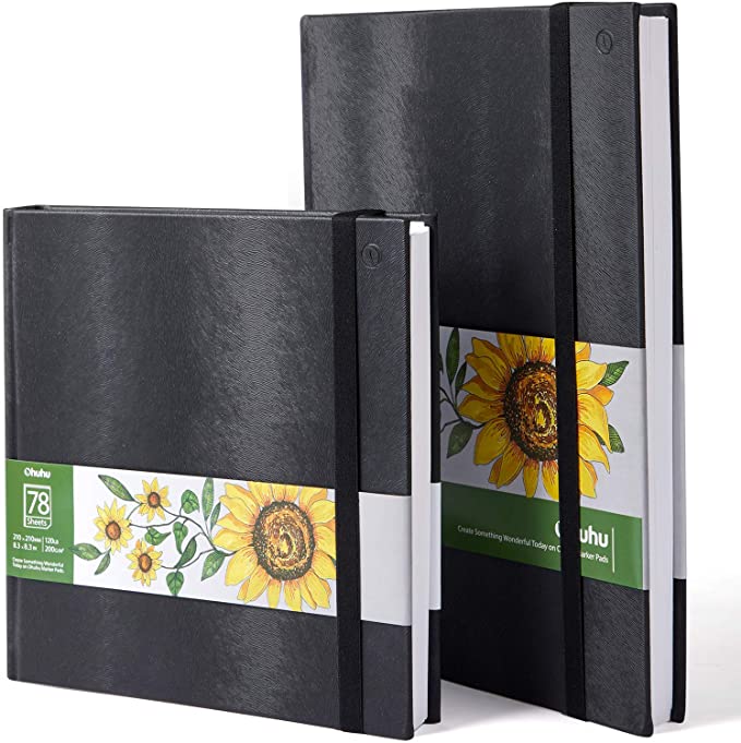 Ohuhu Marker Pads Art Sketchbooks, 2-Pack 8.3"×8.3"& 8.3"×11.7", 120 LB/200GSM Smooth Drawing Papers, Each Size Holds 78 Sheets/156 Pages, Hardcover Sketch Book Christmas