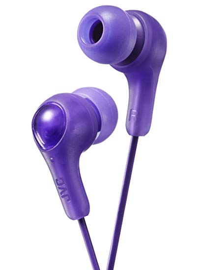 Purple GUMY in Ear Earbuds with Stay fit Ear Tips. Wired 3.3ft Colored Cord Cable with Headphone Jack. Small, Medium, and Large Ear tip earpieces Included. JVC GUMY HAFX7V