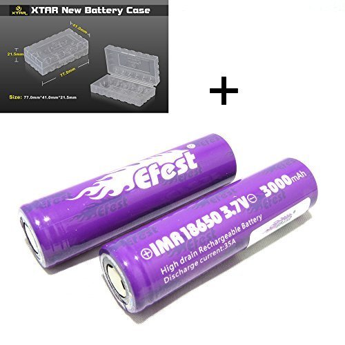 2 Genuine Efest Purple 18650 3000mAh 35A IMR High Drain FLAT TOP batteries, Independently tested   RUGGED XTAR STORAGE CASE