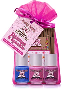 Piggy Paint 100% Non-Toxic Girls Nail Polish, Safe, Chemical Free, Low Odor for Kids - (Mermaid in The Shade, Tickled Pink, Butterfly Kisses + Flower Nail Art) Shimmer & Sparkle - .25 oz
