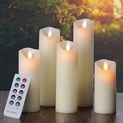 Ry-king Flameless Candles 5" 6" 7" 8" 9" Classic Pillar Real Wax Dancing Flame with 10-key Remote Control - 2/4/6/8 Hours Timer - Set of 5