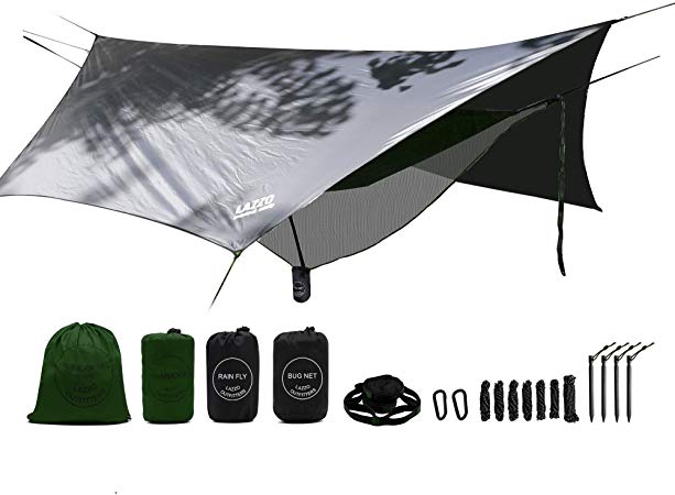 LAZZO Camping Hammock | Bundle Includes Mosquito Net, Rain Fly, Tree Straps, Backpack | Weighs 4 Pounds, Perfect for Hammock Camping,Backpacking，Hiking | Lightweight Nylon Single & Double Hammock