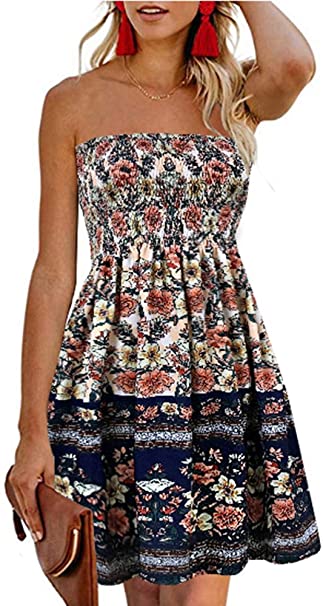 CHICGAL Summer Dresses for Women Beach Cover Ups Strapless Boho Floral Print Sundress