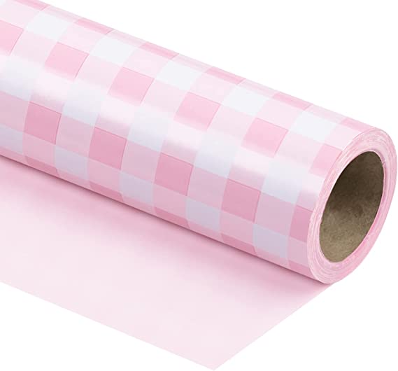 WRAPAHOLIC Reversible Wrapping Paper Roll - Pink and White Plaid Design for Birthday, Holiday, Wedding, Baby Shower and More Occasions - 30 Inch x 33 Feet