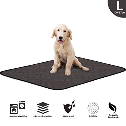 Washable Large Pee Pads for Dogs, 4 Layers Design Waterproof/Soft/Super Absorbing/Anti-Slip Machine Washable Dog Training Puppy Wee Whelping Pad for Home Apartment Crate Travel, 100x67cm Grey (1 Pack)