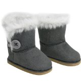 Stylish 18 Inch Doll Boots Fits 18 Inch American Girl Dolls and More Doll Shoes of Gray Suede Style Boots W Button and White Fur