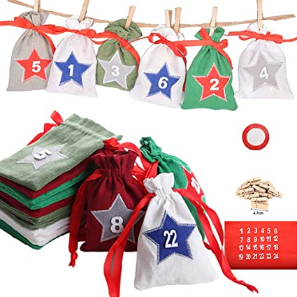 Cojoy Christmas Advent Calendar Gift Bags, 24pcs Burlap Advent Bags with Numbers, Christmas Countdown Gift Bags with Drawstring, Clips and Hanging String