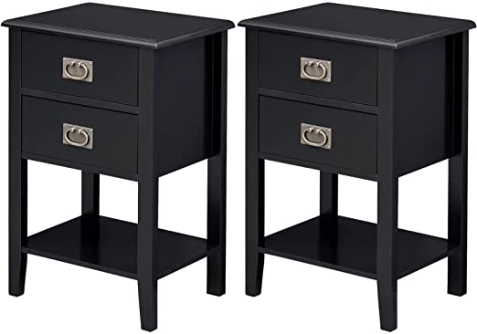 VECELO Nightstands Set of 2 End/Side Tables for Living Room Bedroom Bedside with Two Storage Drawer, Vintage Accent Furniture Small Space, Solid Wood Legs, Black