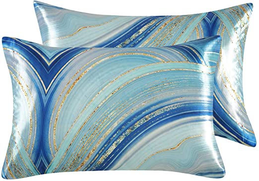 EXQ Home Satin Pillowcase for Hair and Skin,Printed Pillow Cases King Size Set of 2 Silky Blue Pillow Cases with Envelope Closure(Striped,20"x40")