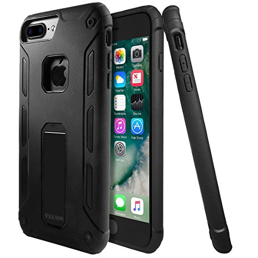 iPhone 7 Plus Case,YELUN[Heavy Duty]Shockproof Slim Fit Dual Layer Soft TPU & Hard PC Rugged Holster Cover Full-body Protective Bumper Case with Kickstand for iPhone 7 Plus/Black (Black)