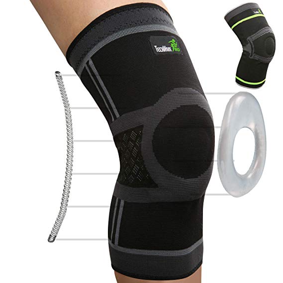 Tech Ware Pro Knee Compression Sleeve - Best Knee Brace with Side Stabilizers & Patella Gel Pads for Knee Support. Arthritis, Meniscus Tear, Joint Pain Relief & Sports Injury Recovery. Single