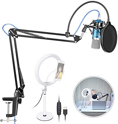 Neewer Dimmable LED Ring Light and NW-7000 USB Microphone Kit with Smartphone Holder/Suspension Scissor Arm Stand/Mic Shock Mount/Pop Filter for Live Streaming Podcasting YouTube Video Makeup etc