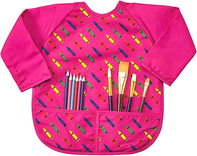 Abstract Kids Art Smock Apron - Red Crayon Long Sleeve Waterproof Bib for Painting, Feeding and More - 2 Pockets - Premium Quality Microfiber with Vinyl Lining - Extra Large